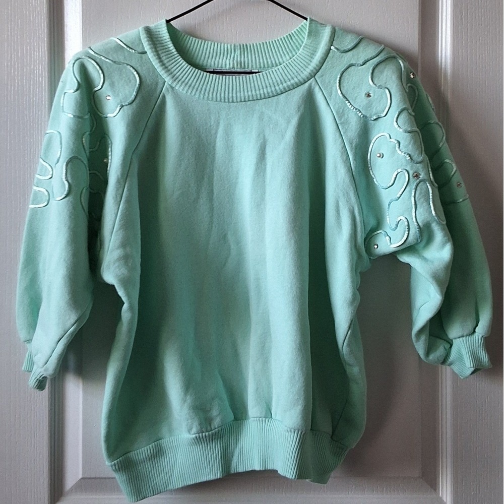 Bodalia Aqua Sweater 1980s Rhinestones Pearls Puffed Sleeves Vintage Flash Dance